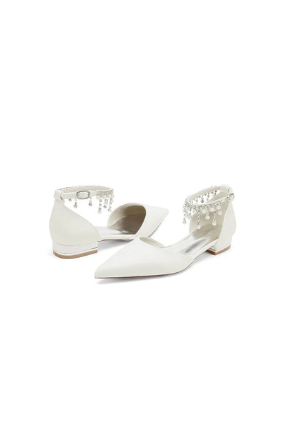 White Pearl Beaded Ankle Strap Pointed Toe Low Heels