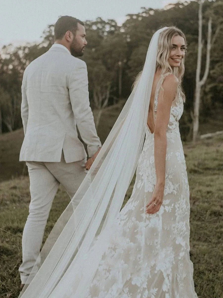 Floral Lace Appliques V Neck Sleeveless Mermaid Boho Wedding Dresses