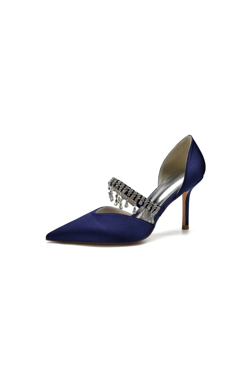 Cocktail Pointed Toe Crystal Tassel Buckle Strap Heels