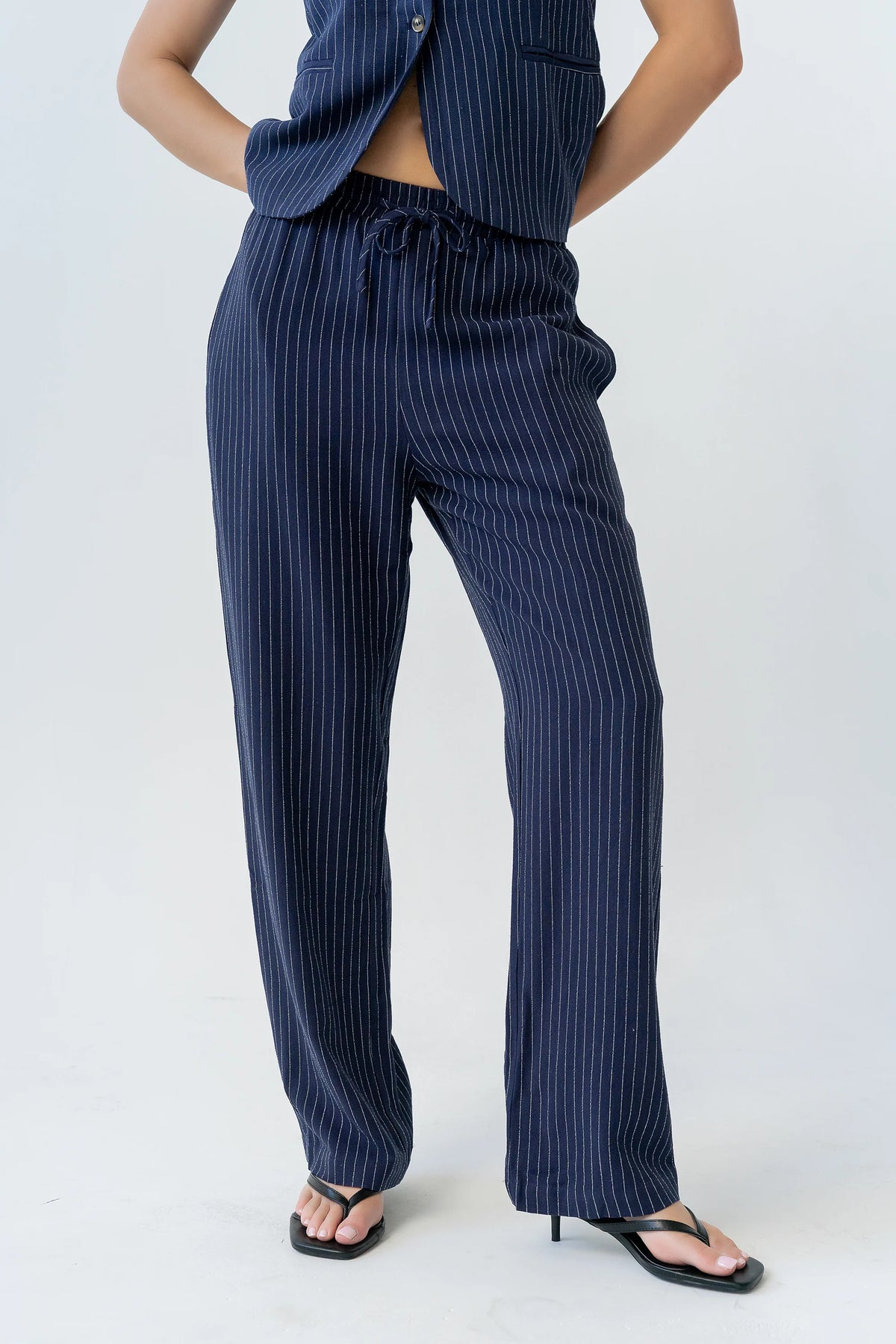 Vivienne Pinstripe Wide Leg Pants in Navy