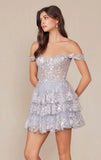 BRENNA MINI DRESS SILVER OFF SHOULDER TIERED SHORT DRESS