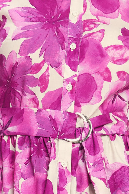 FUCHSIA PETAL FLORAL MIDI SHIRT DRESS