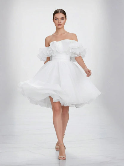 A Line Off The Shoulder Sleeveless Short Mini Organza Wedding Dresses