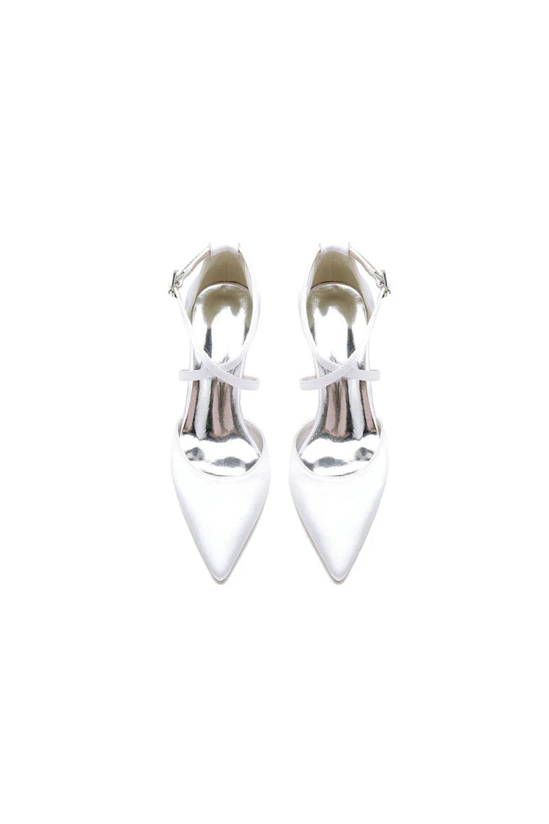 White Satin Pump with Cross Strap and Metal Accent