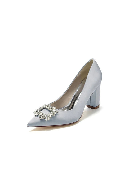Pointed Toe Block Heels with Rhinestone