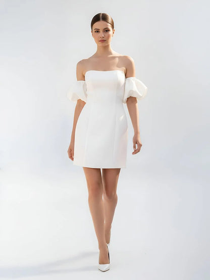 Short Satin White Wedding Dress Strapless Off the Shoulder