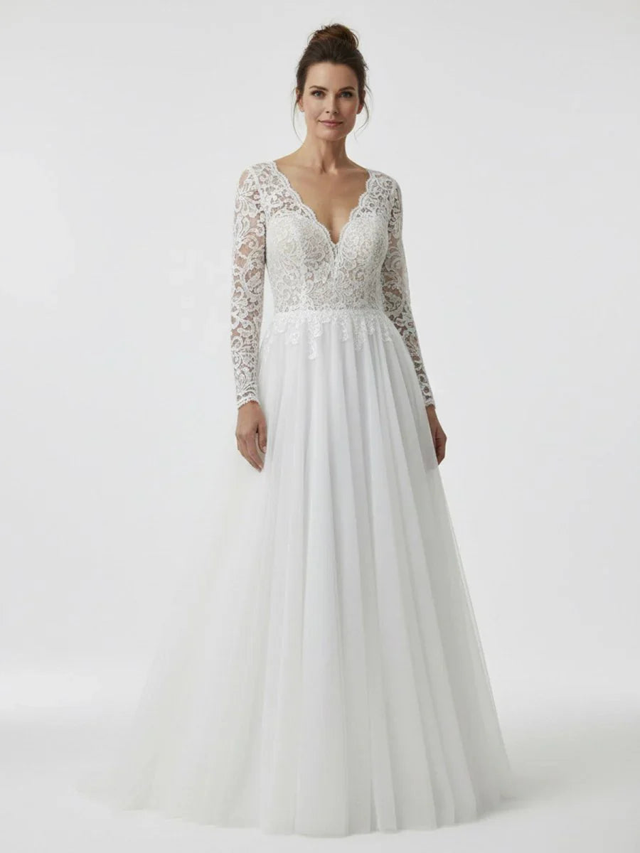 Bohemian Long Sleeves Lace Button Back A Line Modest Wedding Dresses