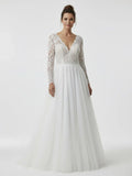 Bohemian Long Sleeves Lace Button Back A Line Modest Wedding Dresses