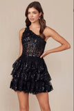 CHRISTIE MINI DRESS BLACK ONE SHOULDER TIERED SHORT DRESS