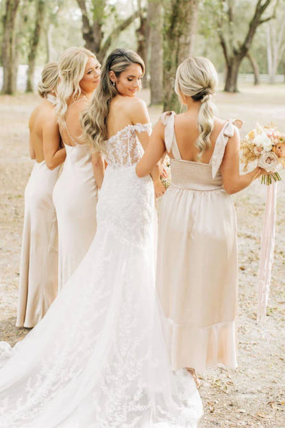 Champagne Sheath Satin Long Mismatch Bridesmaid Dress