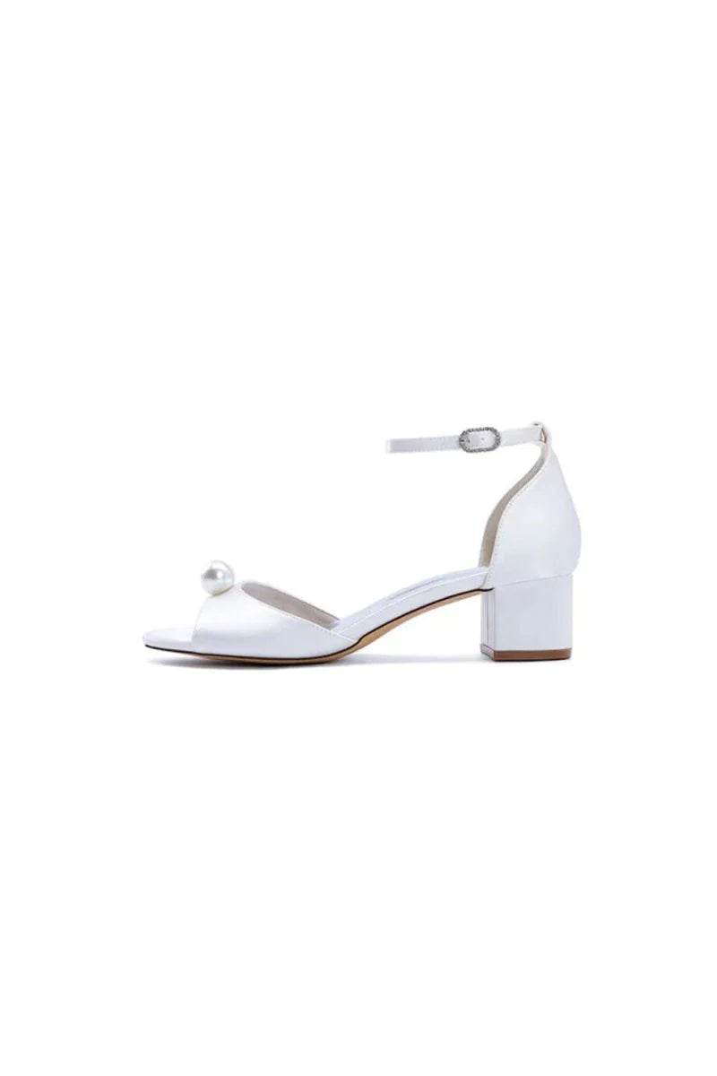 Satin Low Heel Sandals with Pearl Accent and Ankle Strap