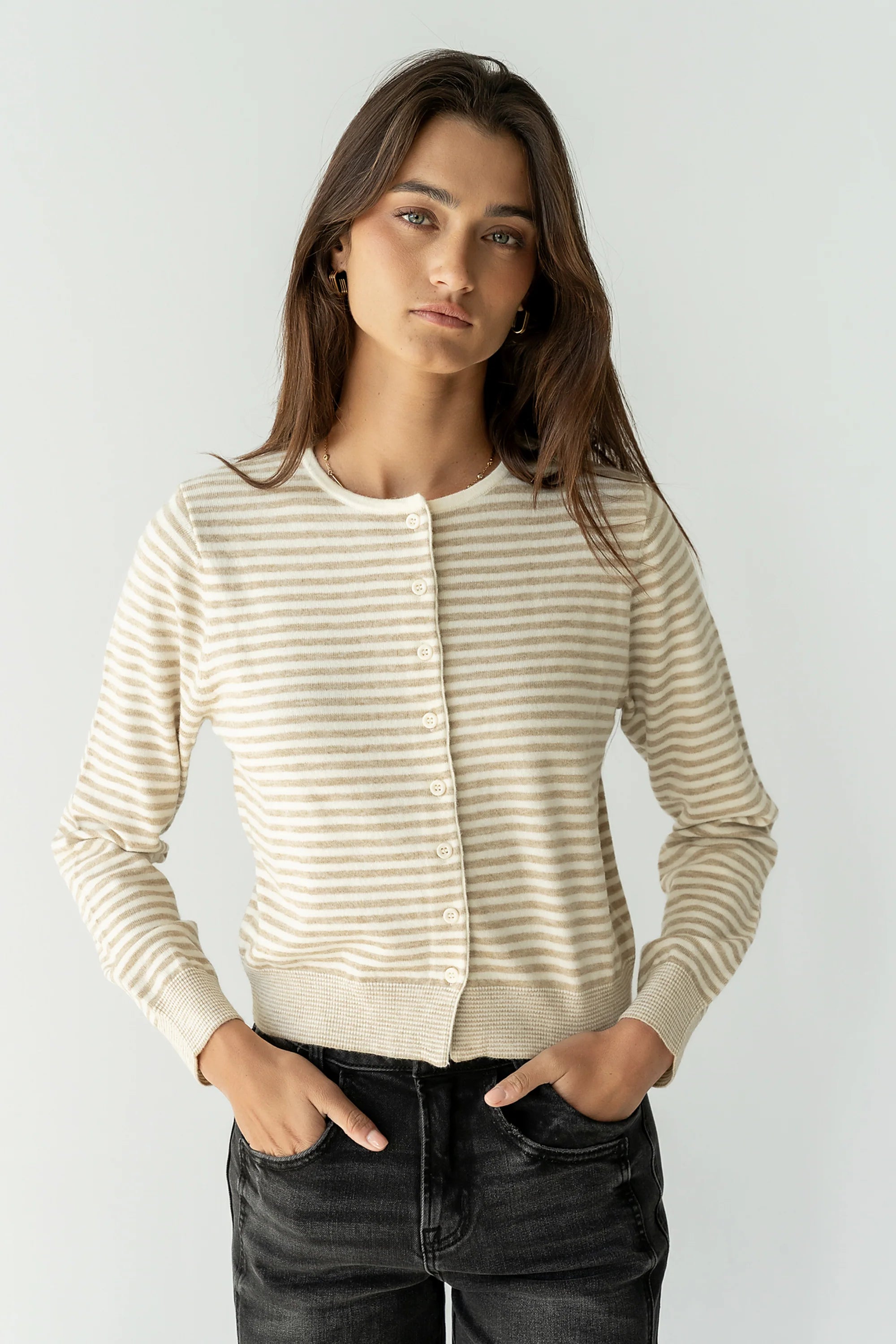 Edesse Striped Cardigan in Taupe