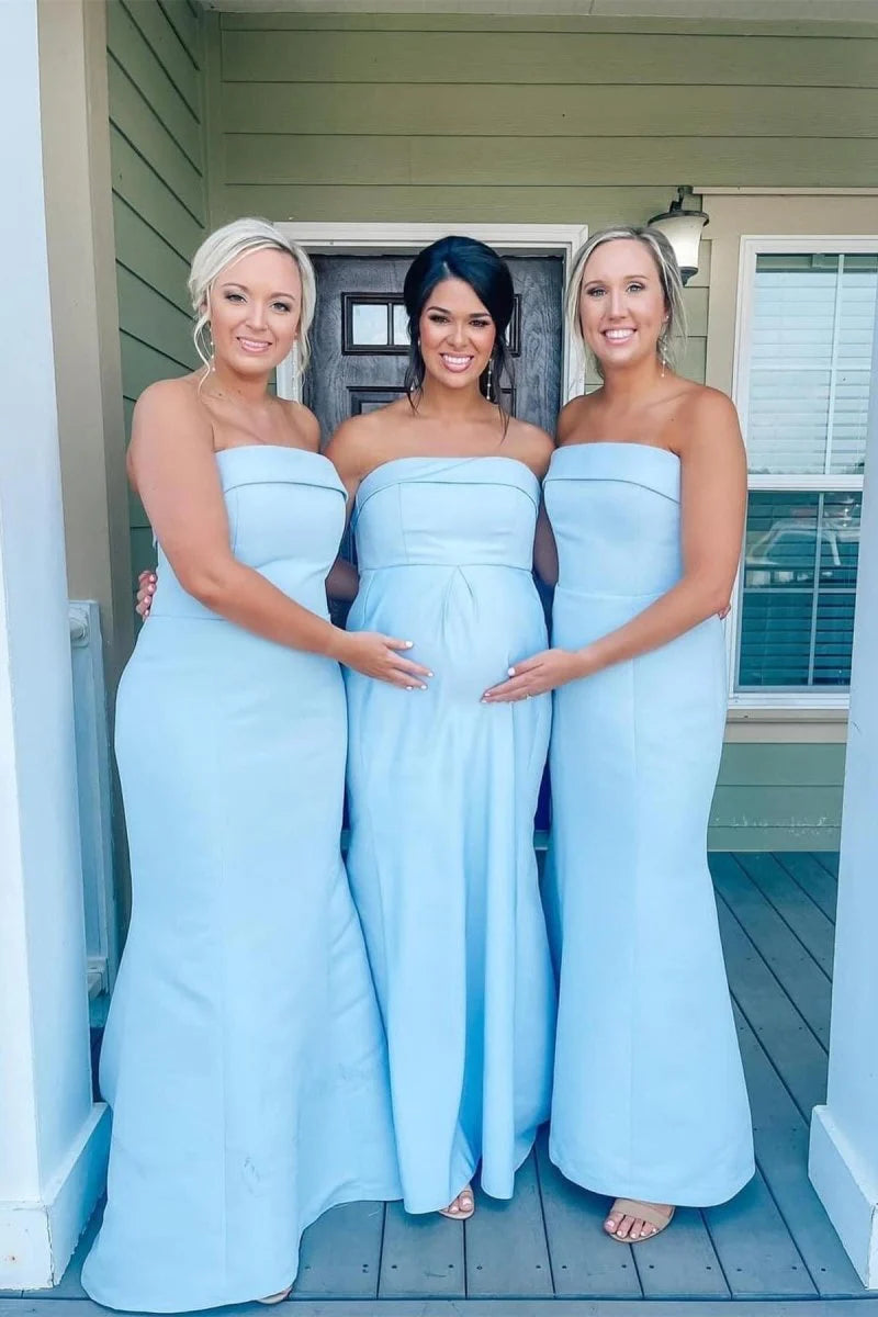 Strapless Aqua Blue Mermaid Satin Long Bridesmaid Dress
