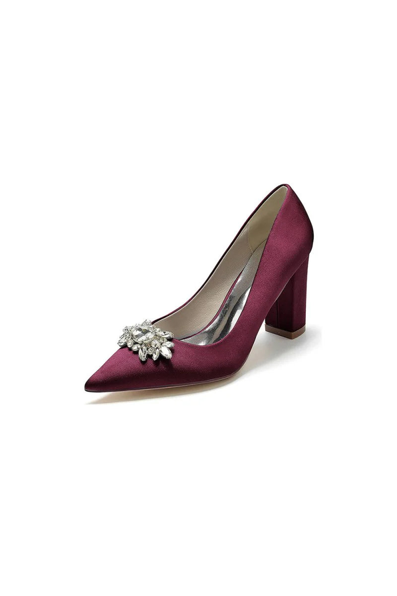 Pointed Toe Chunky Heels with Rhinestone