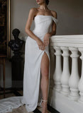 Sheath One Shoulder Sleeveless Satin Wedding Dresses with Slit