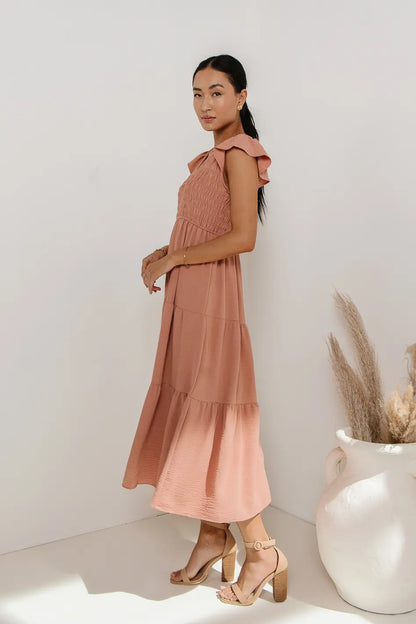 Rain Smocked Midi Dress in Peach FINAL SALE
