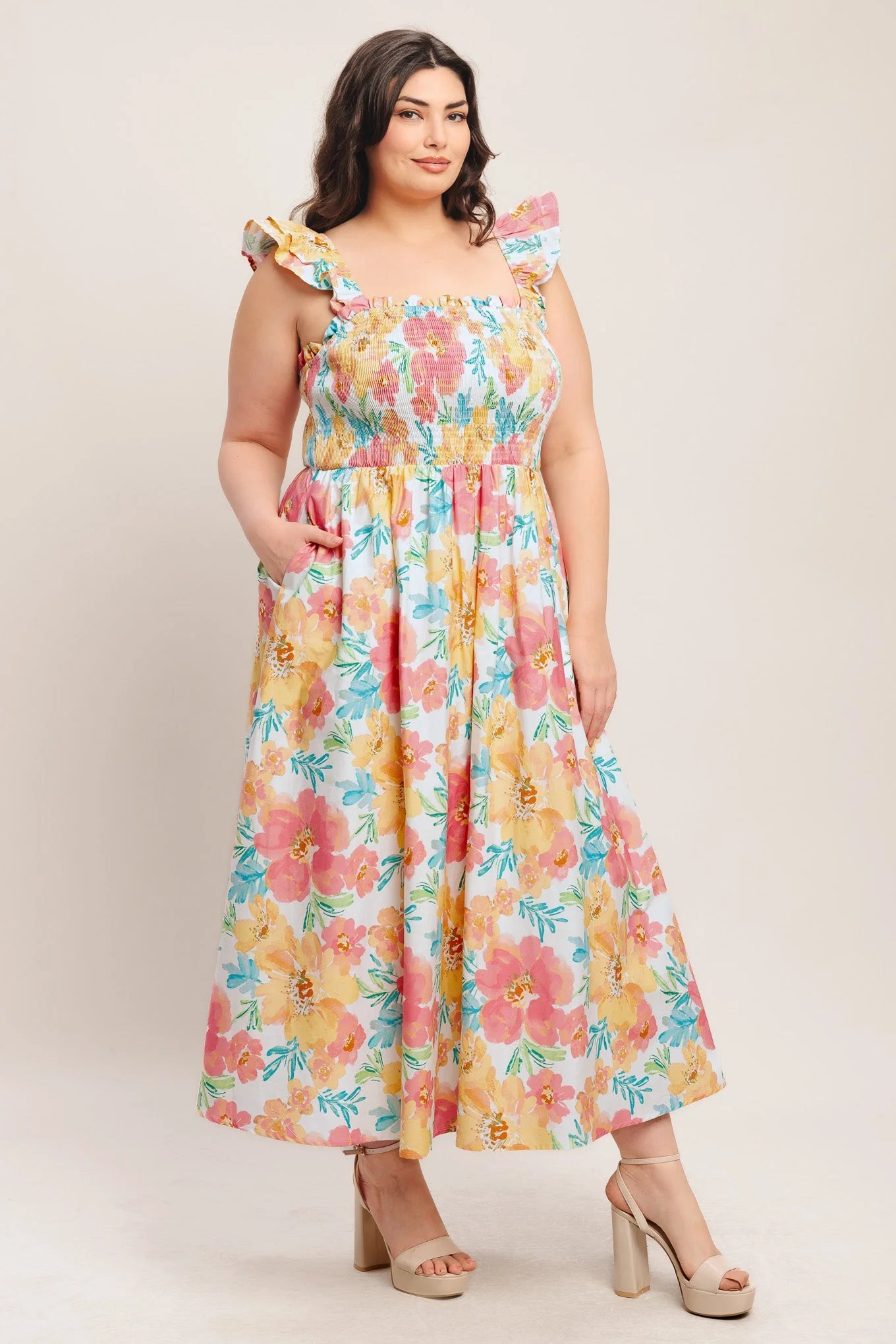 SOFT SUNSHINE FLORAL MIDI DRESS