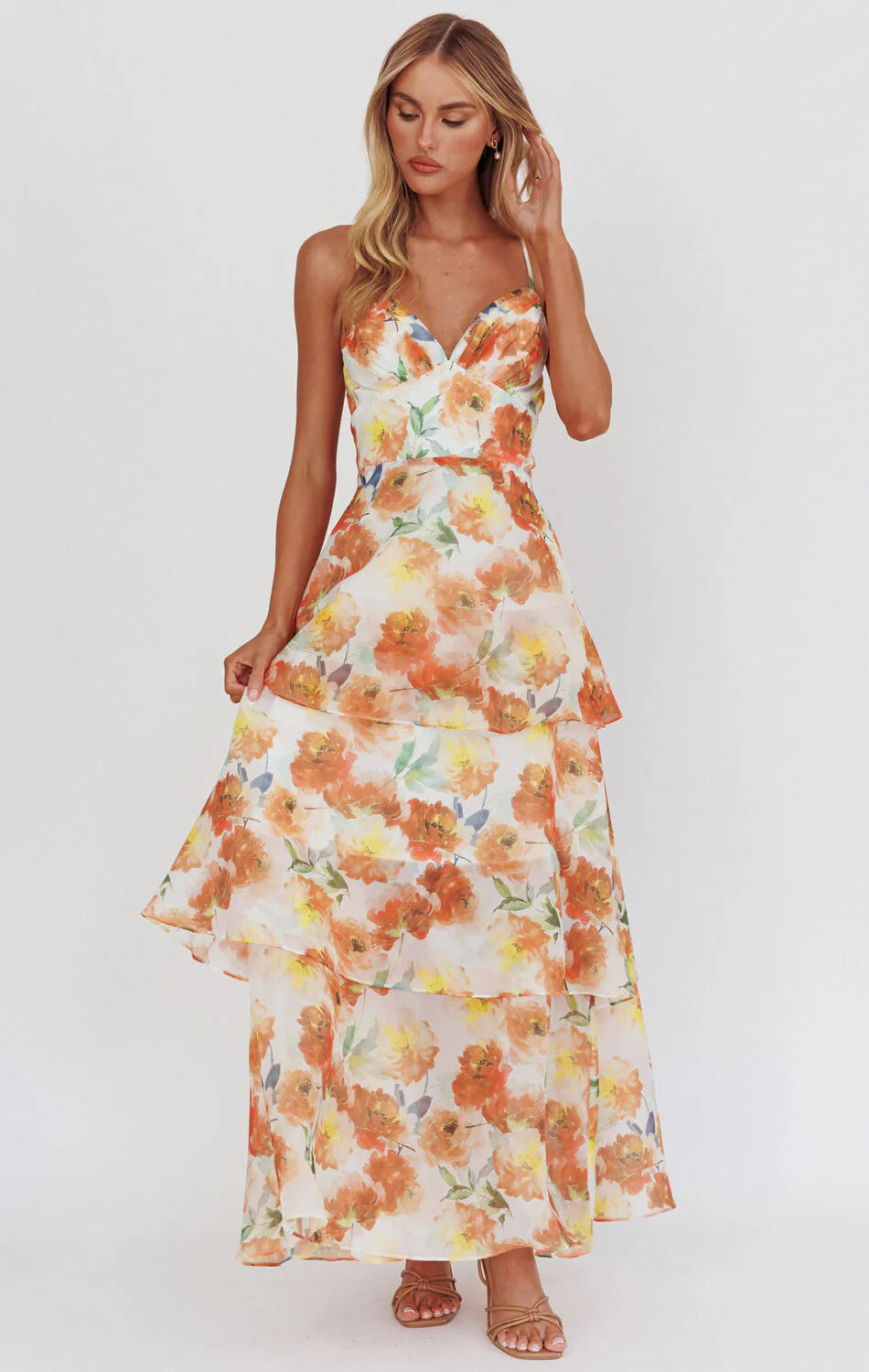 Makenna Maxi Dress Orange Floral Organza Tiered Dress