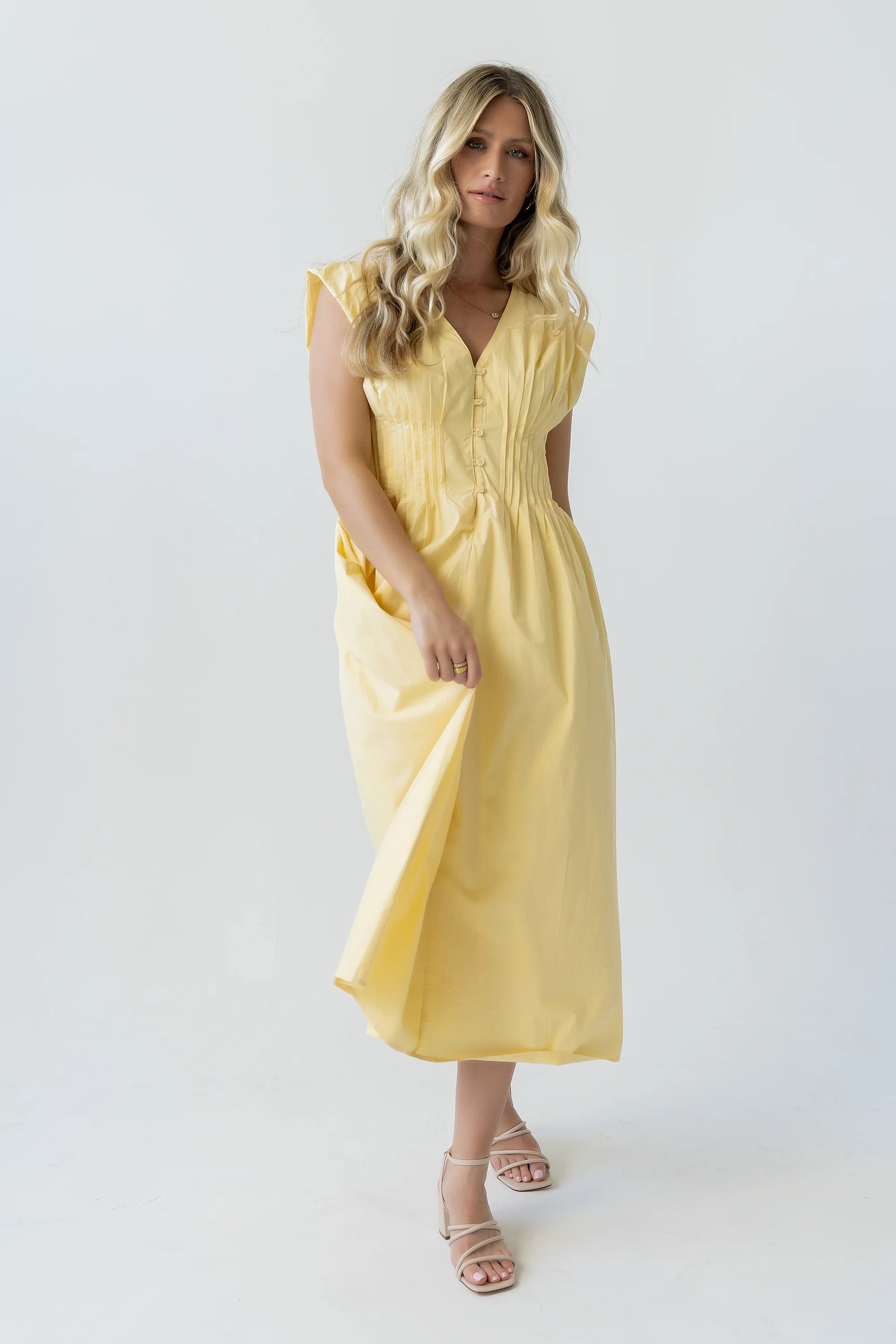 Barb Pleated Midi Dress in Yellow