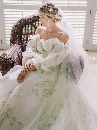 A Line Floral Appliqued Majesty Bridal Wedding Dress with Ruffles