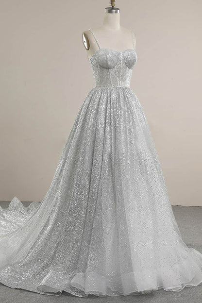 Spaghetti Straps Sequins A line Sparkly Wedding Dress Bridal Gown