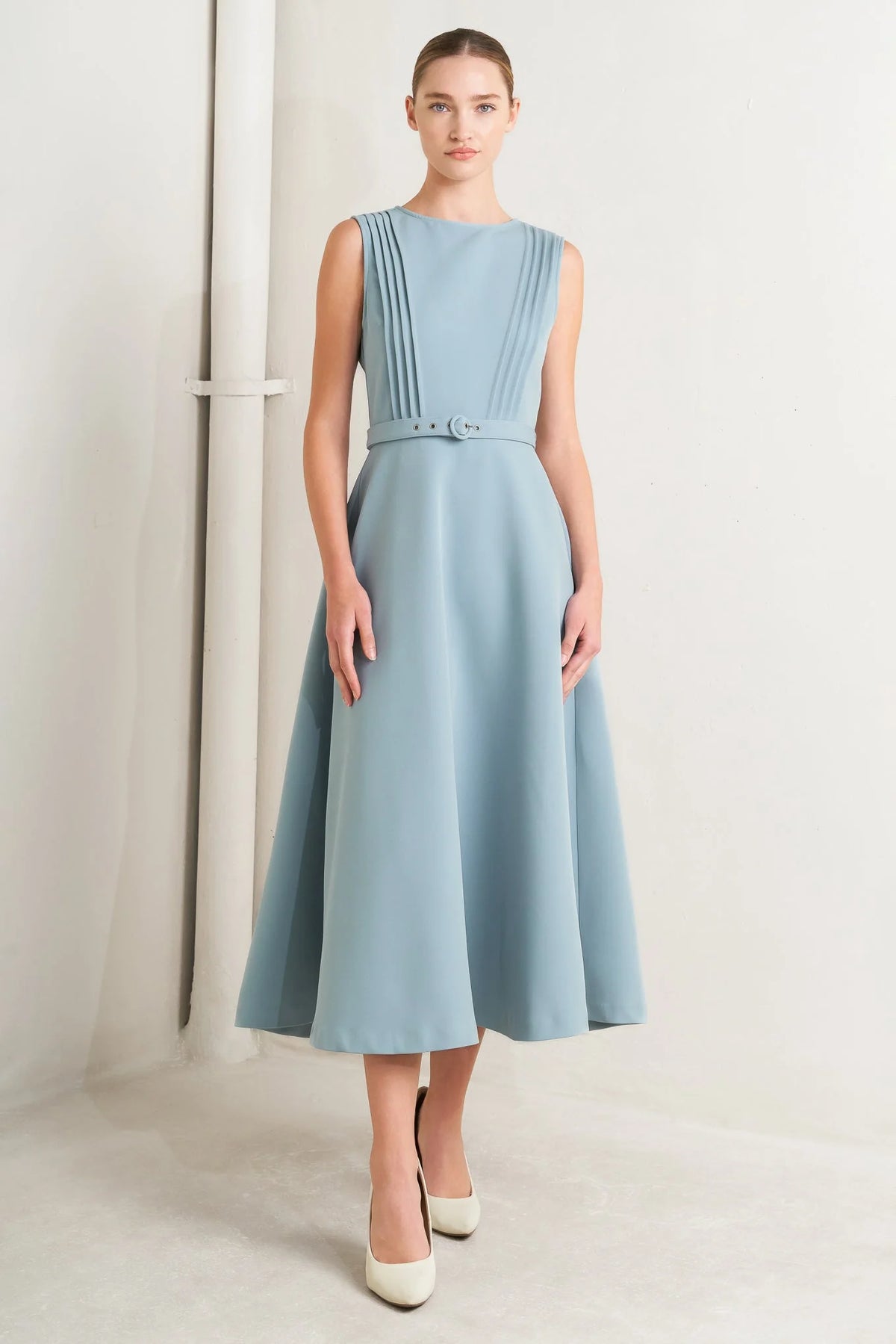 SOFTLY SPOKEN BLUE PINTUCK MIDI DRESS