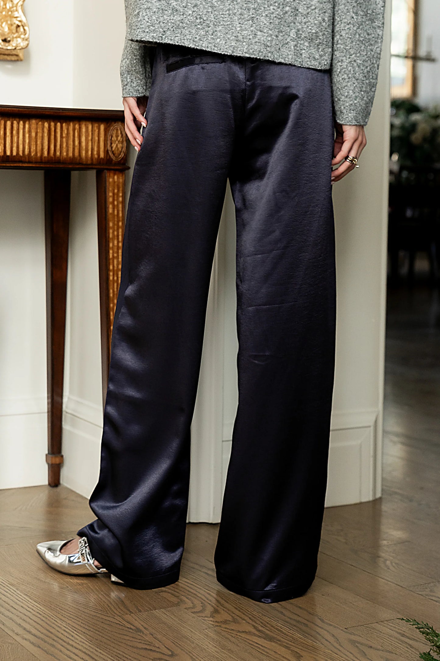 Gemma Satin Wide Leg Pants in Navy