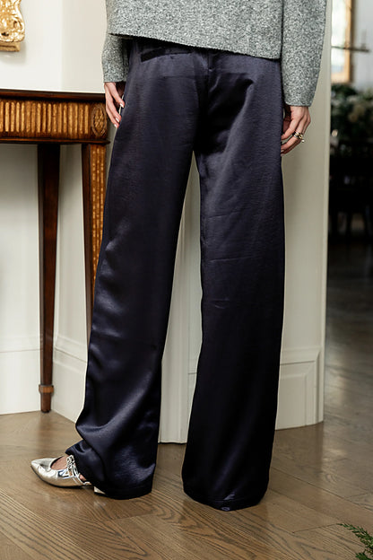 Gemma Satin Wide Leg Pants in Navy