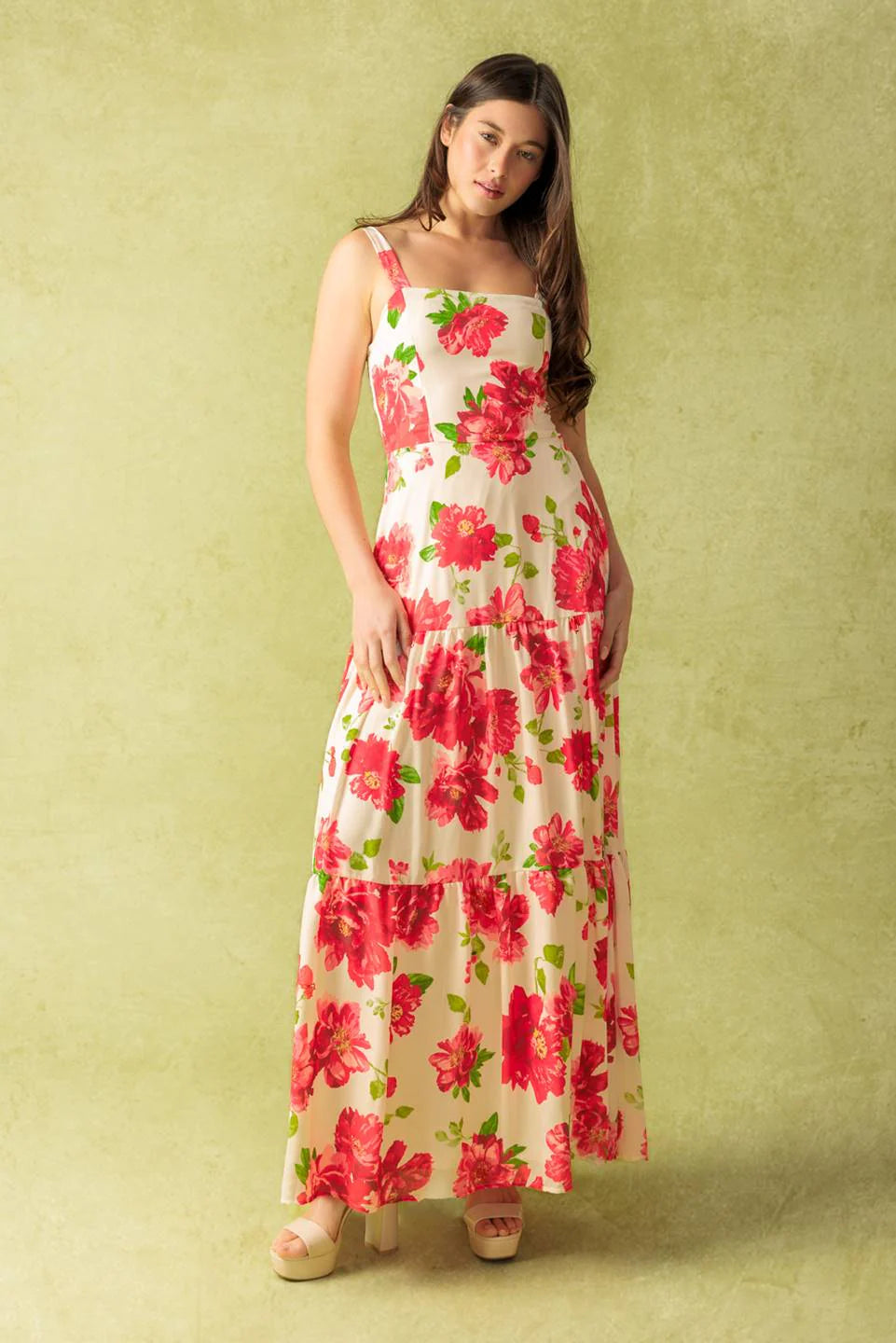 CRIMSON BLOOMS RED FLORAL MAXI DRESS