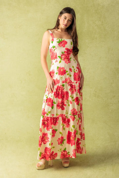 CRIMSON BLOOMS RED FLORAL MAXI DRESS
