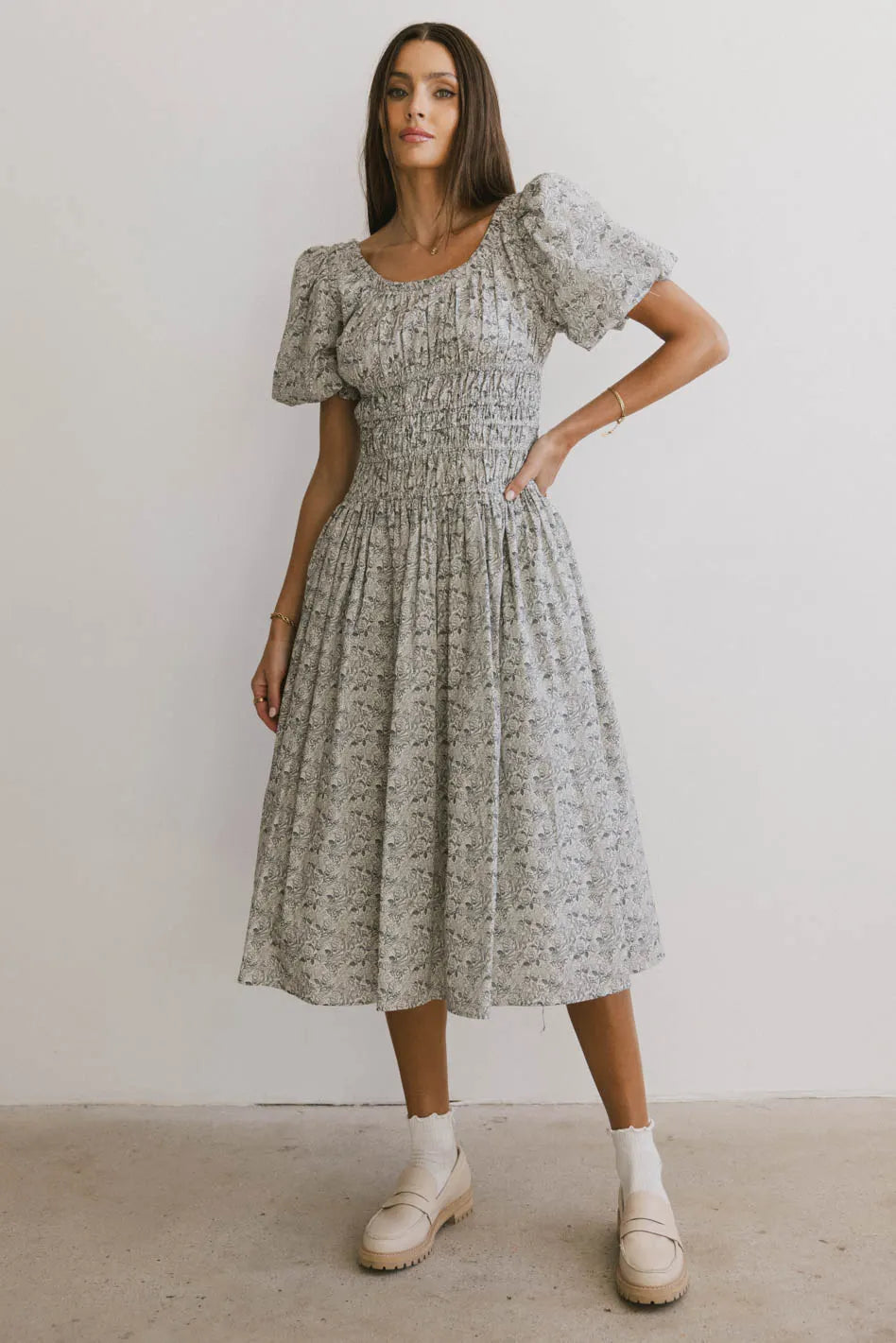 Lucille Smocked Floral Dress in Navy FINAL SALE