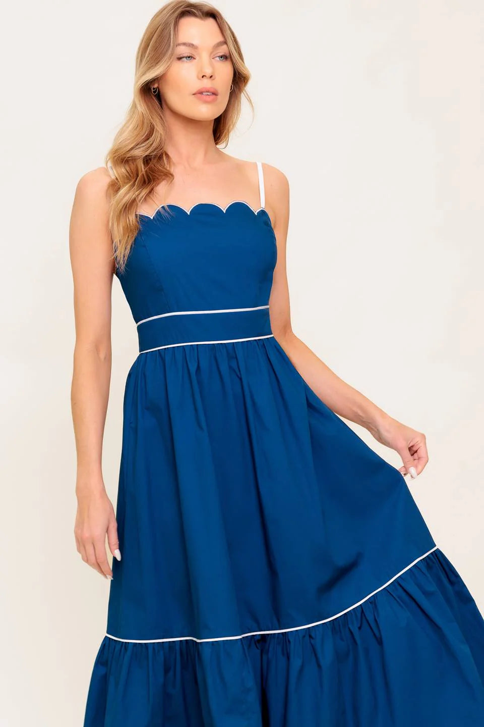 SWEET DREAMS SCALLOPED EDGE MIDI DRESS NAVY