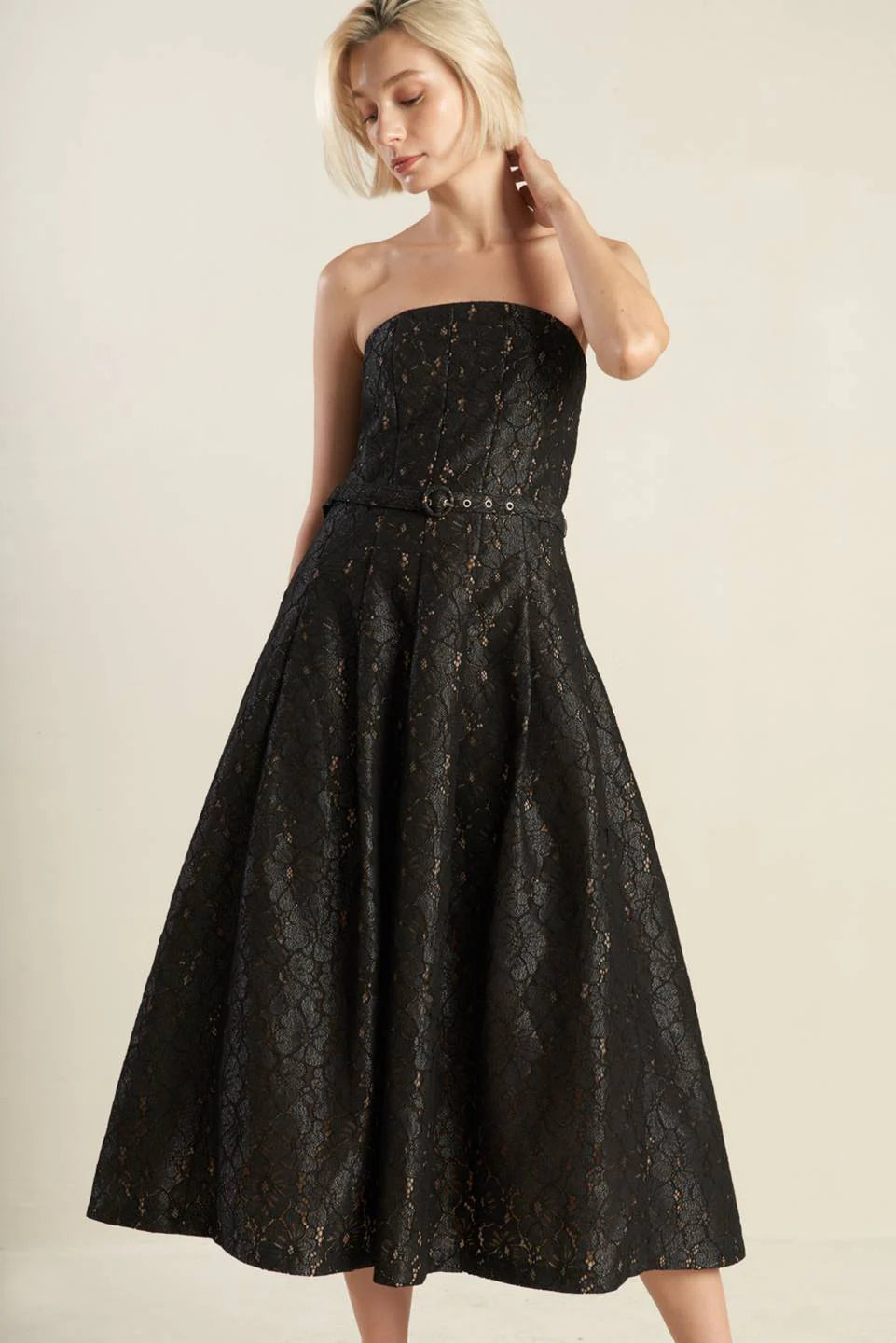 THE TRUTH IS STRAPLESS BLACK LACE MIDI DRESS FINAL SALE