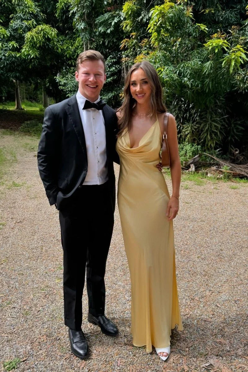 Cowl Neck Yellow Soft Satin Sheath Bridesmaid Dress