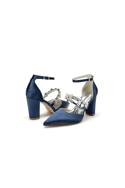 Satin Pointed Toe Rhinestone Strappy Chunky Heels