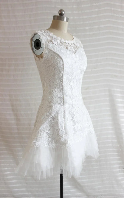A Line Short Tulle Lace Satin Weddig Dress