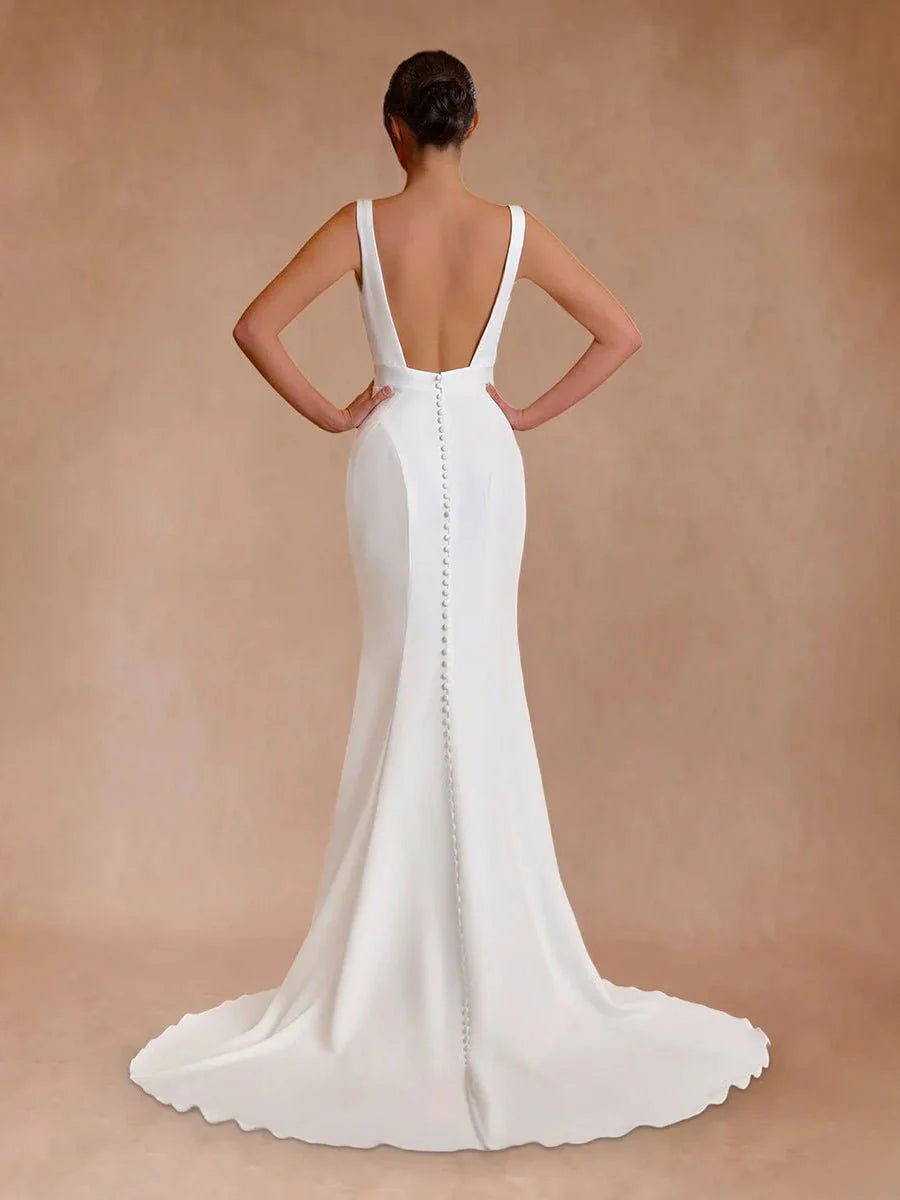 Simple Mermaid V Neck Satin White Wedding Dresses
