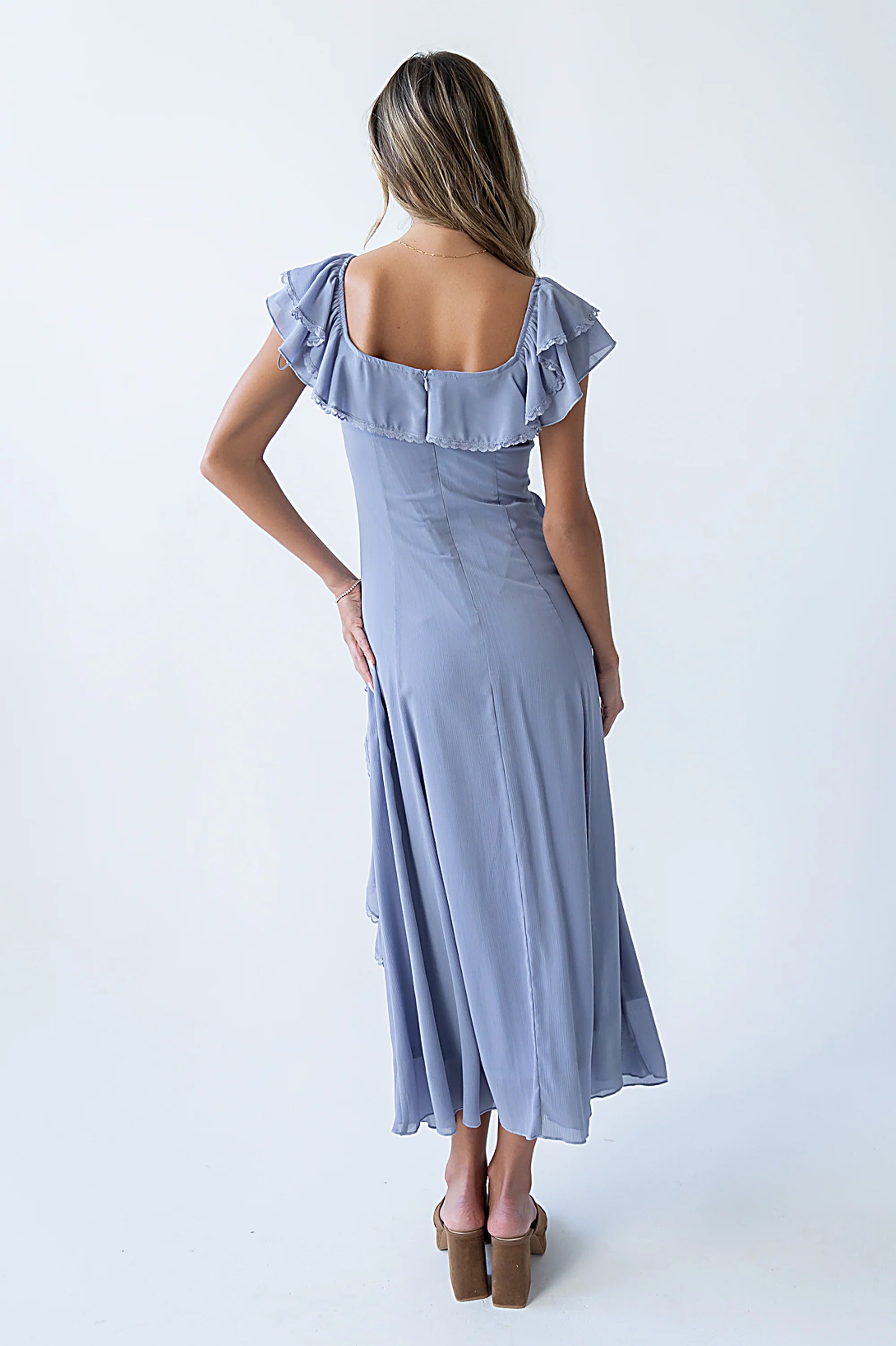 Quinton Ruffle Maxi Dress in Blue
