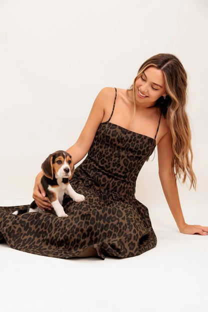 SAVANNAH DARK BROWN MIDI DRESS LEOPARD PRINT