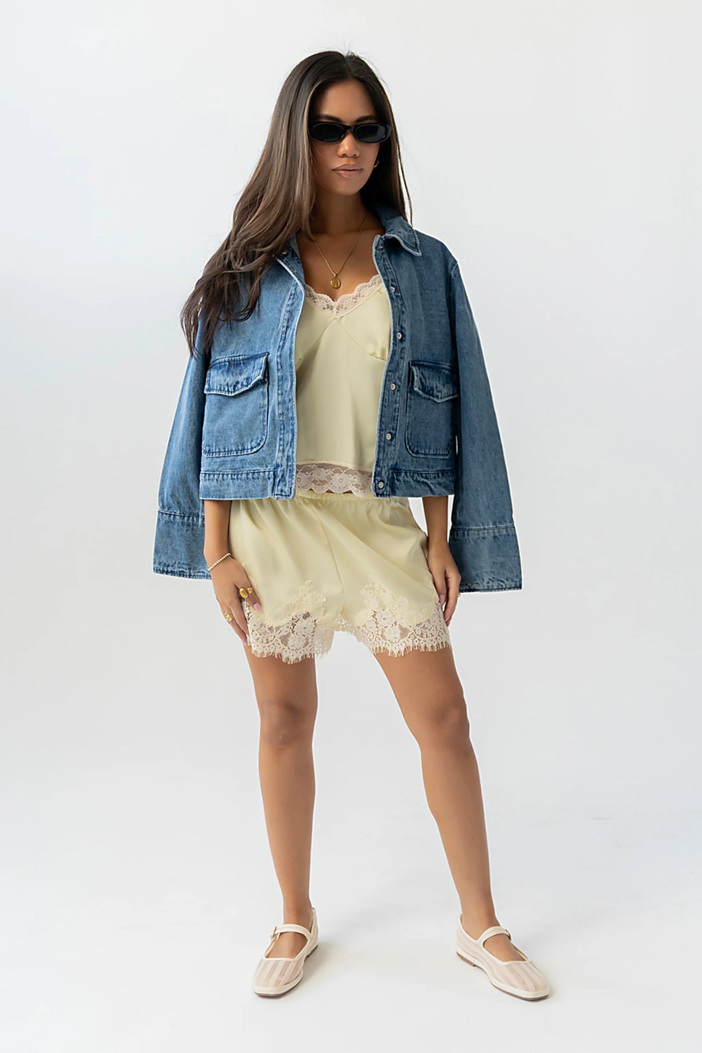 Bricelyn Lace Trim Satin Shorts