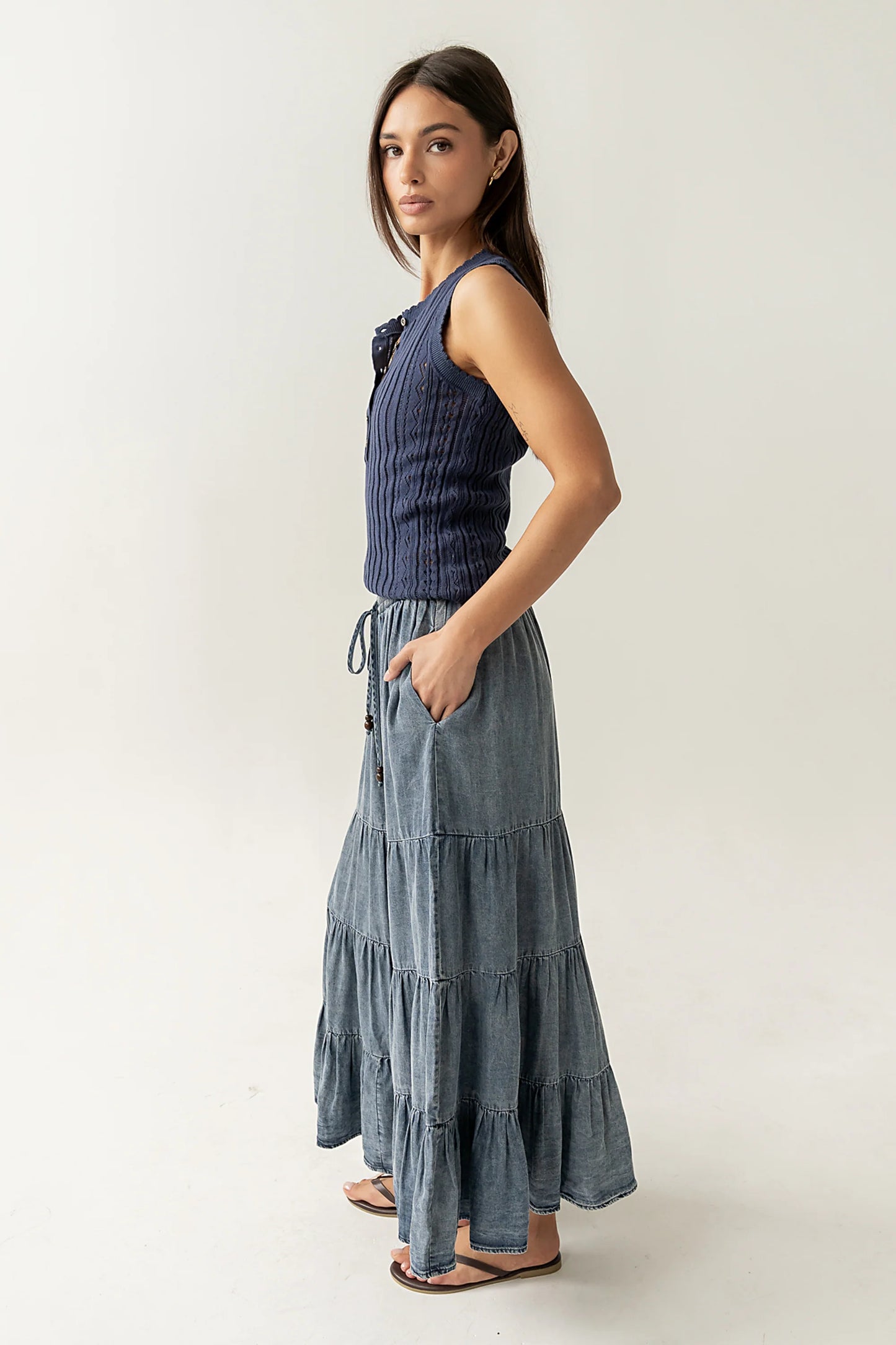 Lina Pointelle Knit Tank in Navy