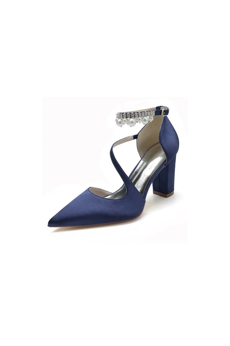 White Satin Heels with Cross Strap Design and Pearl Accented Buckle