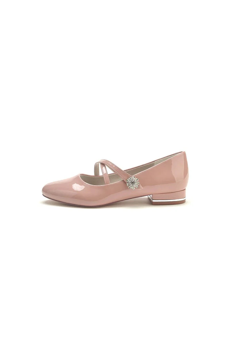 Beaded Pointed Toe Strap Buckle Patent Leather Low Heels
