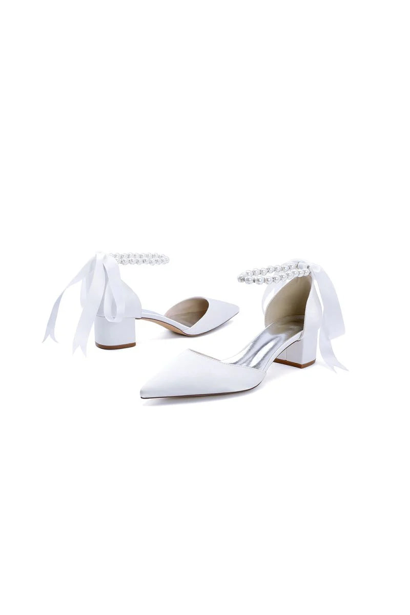 Pointed Toe Satin Pearl Ankle Strap Block Heels With Ribbon Tie
