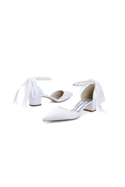 Pointed Toe Satin Pearl Ankle Strap Block Heels With Ribbon Tie