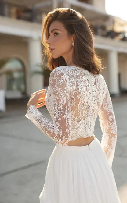 Two Piece V neck Wedding Dress with Sweep Train Lace Long Sleeves