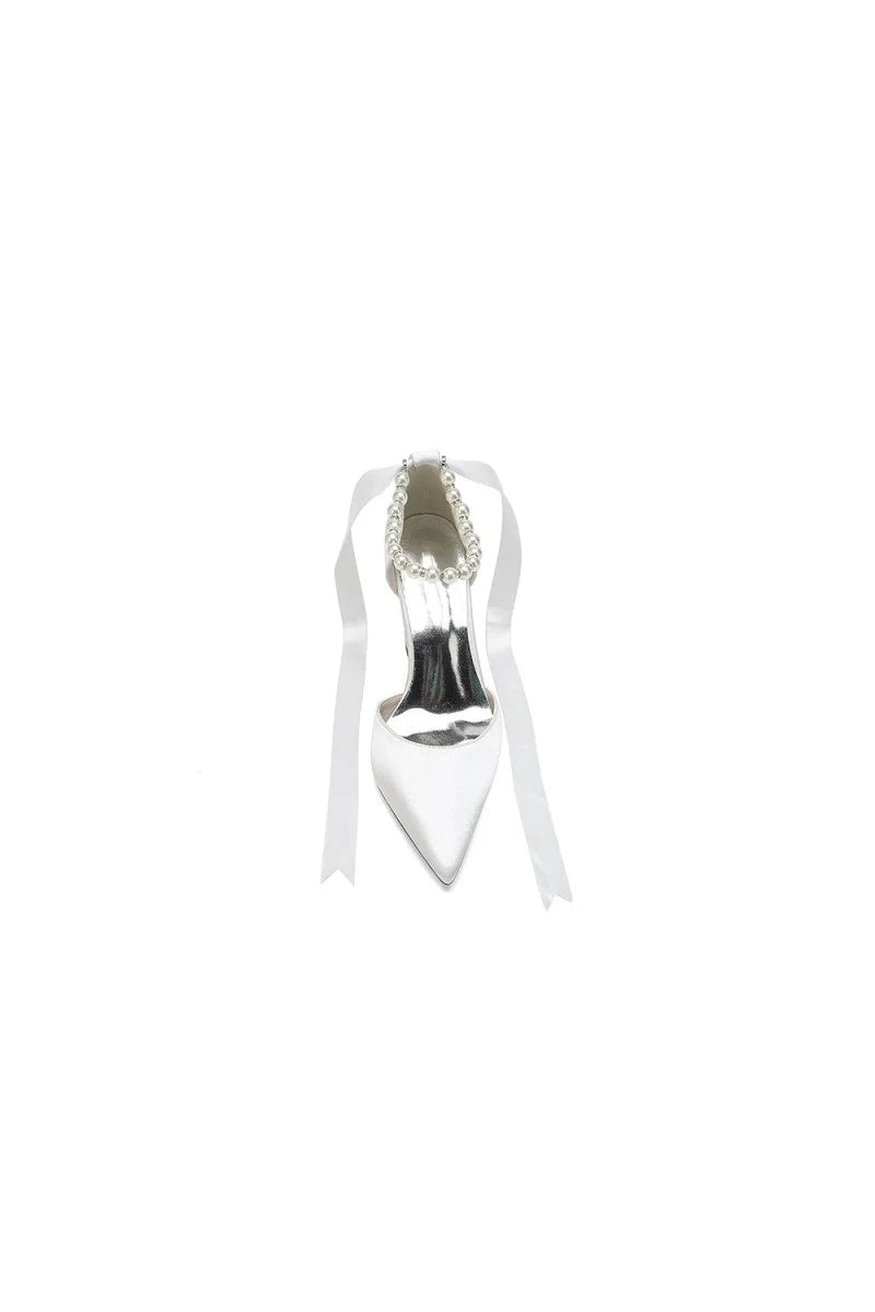 Pearl Ribbon Pointed Toe Ankle Strap Chunky Heel