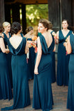 Peacock Blue Mermaid V Neck Long Bridesmaid Dress