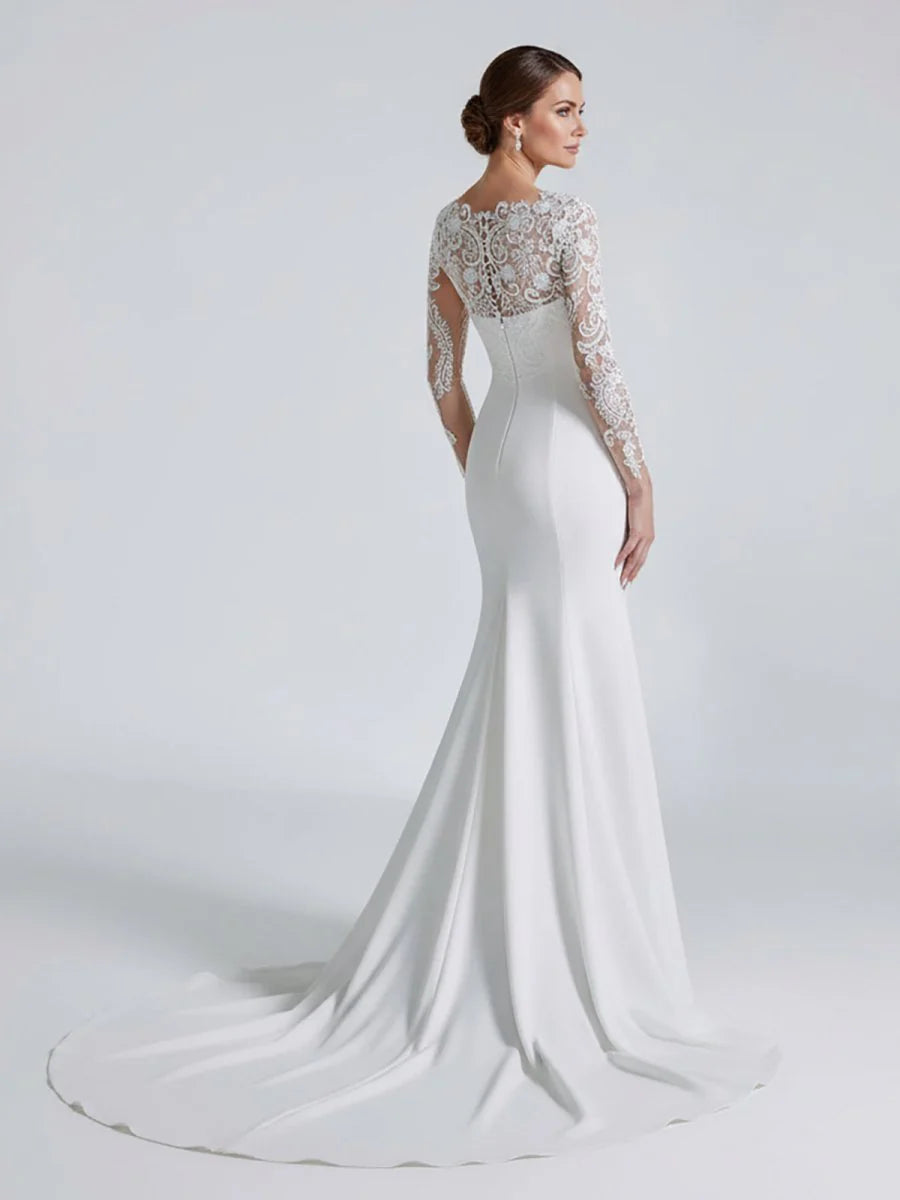 Mermaid White Lace Appliques Beaded Wedding Dress
