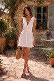White V Neck Floral Print A Line Mini Dress